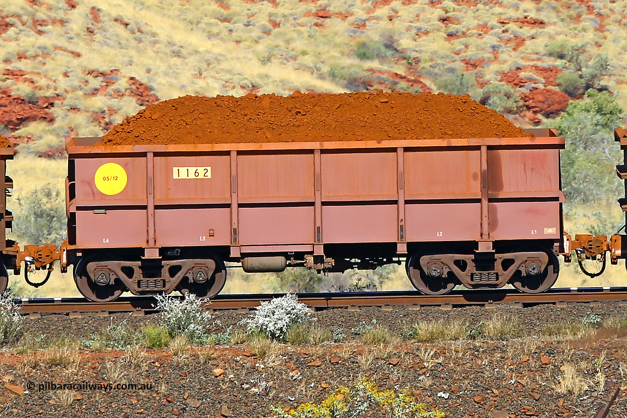 1162 170728 09907
Robe River ore waggon 1162, built by Bradken Rail Qld in May 2012, non-handbrake side loaded view at the 72 km, Western Creek on the Deepdale line. July 28, 2017.
Keywords: 1162;Bradken-Rail-Qld;Robe-ore-waggon;