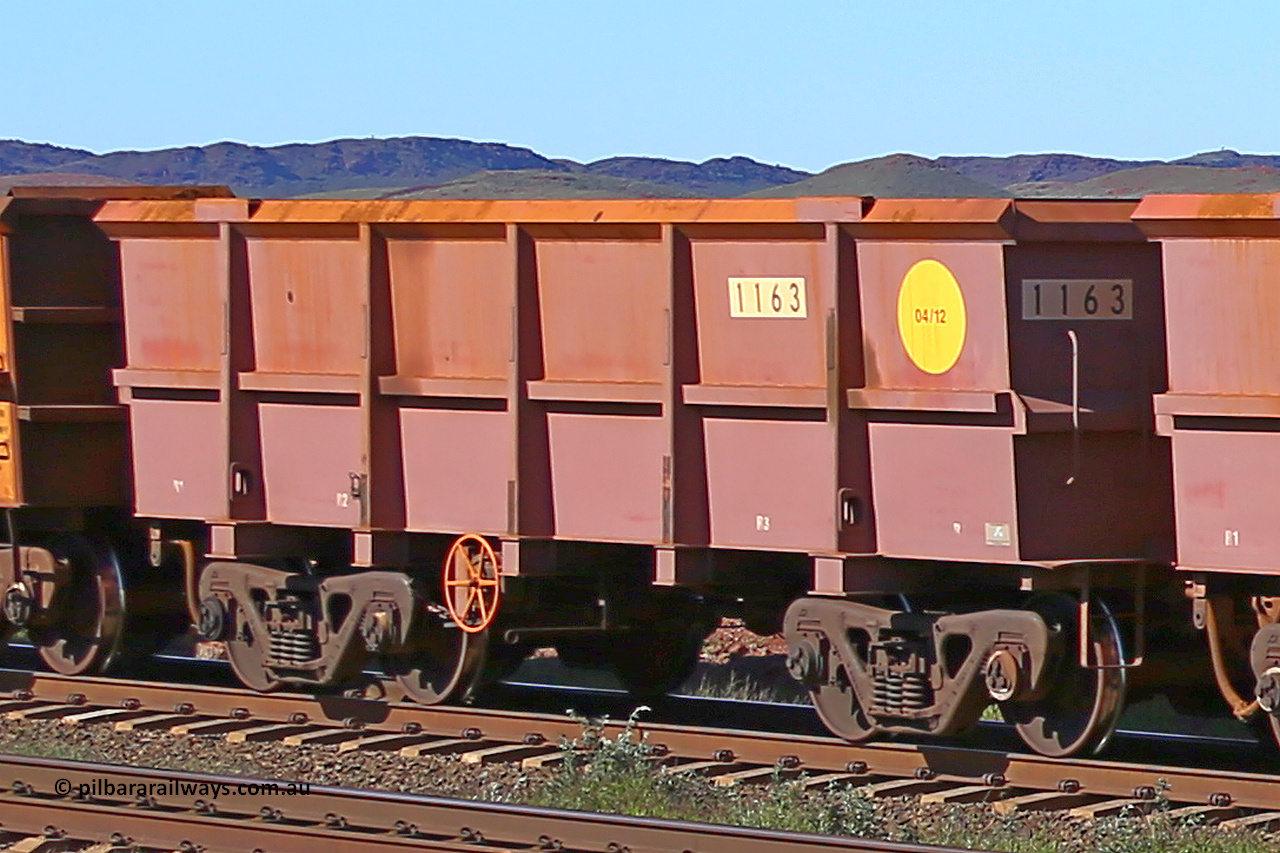 1163 160727 0956
Robe River ore waggon 1163, built by Bradken Rail Qld in April 2012, rotary coupler end handbrake side empty view at Harding Siding on the Cape Lambert line, July 27, 2016.
Keywords: 1163;Bradken-Rail-Qld;Robe-ore-waggon;