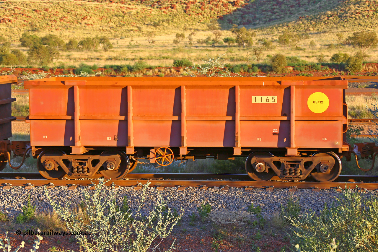 1165 170513 8776
Robe River ore waggon 1165, built by Bradken Rail Qld in March 2012, handbrake side empty view, Cape Lambert yard, May 13, 2017.
Keywords: 1165;Bradken-Rail-Qld;Robe-ore-waggon;