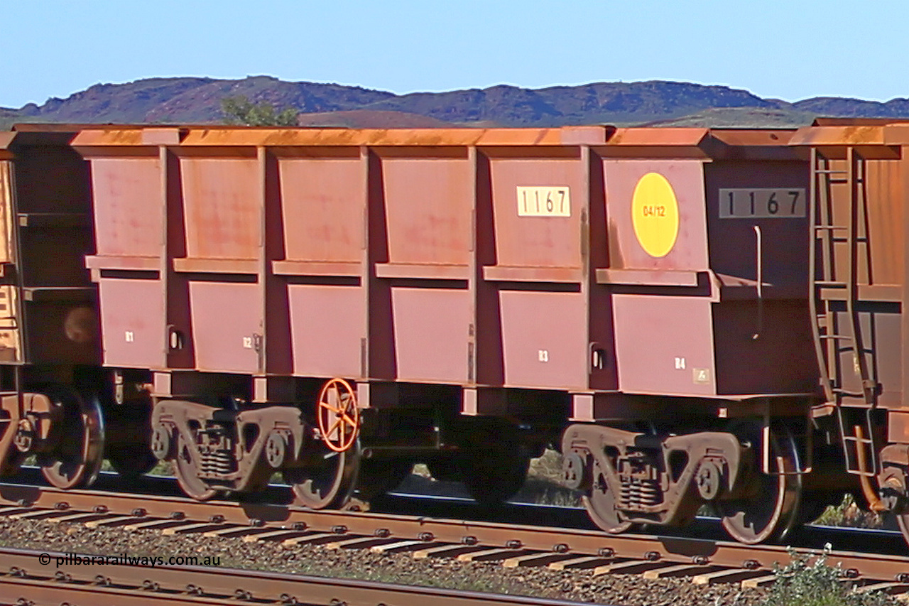1167 160727 0961
Robe River ore waggon 1167, built by Bradken Rail Qld in April 2012, rotary coupler end handbrake side empty view at Harding Siding on the Cape Lambert line, July 27, 2016.
Keywords: 1167;Bradken-Rail-Qld;Robe-ore-waggon;