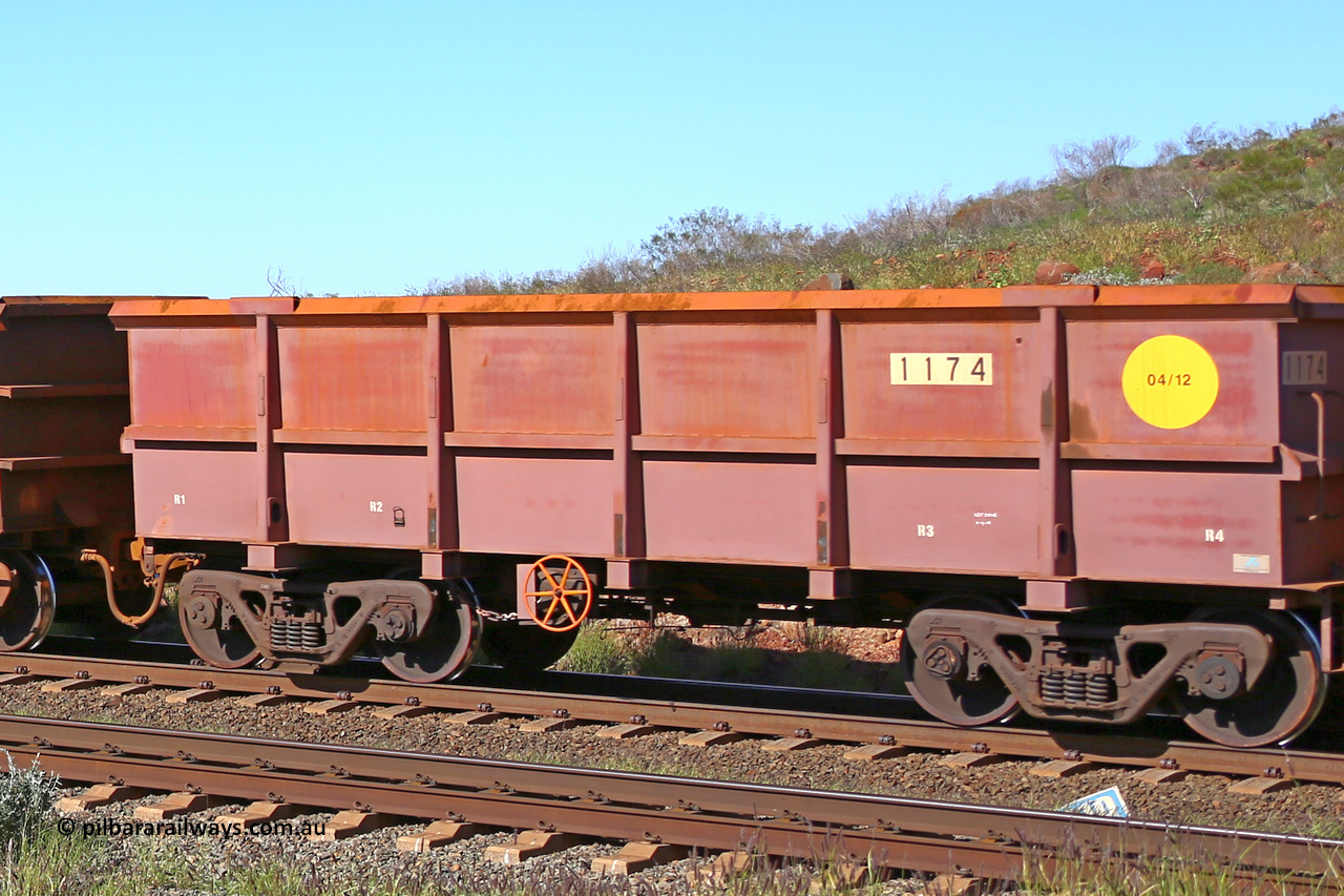 1174 160727 0964
Robe River ore waggon 1174, built by Bradken Rail Qld in April 2012, rotary coupler end handbrake side empty view at Harding Siding on the Cape Lambert line, July 27, 2016.
Keywords: 1174;Bradken-Rail-Qld;Robe-ore-waggon;