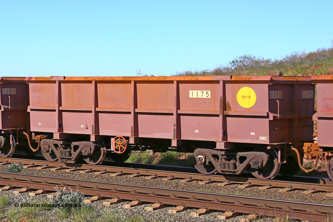 1175 160727 0956
Robe River ore waggon 1175, built by Bradken Rail Qld in May 2012, rotary coupler end handbrake side empty view at Harding Siding on the Cape Lambert line, July 27, 2016.
Keywords: 1175;Bradken-Rail-Qld;Robe-ore-waggon;