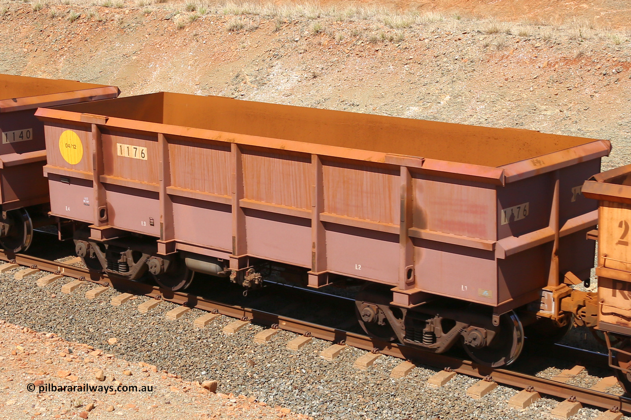 1176 160306 1269
Robe River ore waggon 1176, built by Bradken Rail Qld in April 2012, fixed coupler non-handbrake side empty view at Greenpool on the Cape Lambert line. March 6, 2016.
Keywords: 1176;Bradken-Rail-Qld;Robe-ore-waggon;