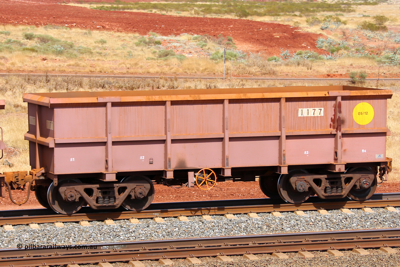 1177 141124 6872
Robe River ore waggon 1177, built by Bradken Rail Qld in May 2012, fixed coupler handbrake side empty end of train view at the 25 km at Arches Siding on the Cape Lambert line. November 24, 2014.
Keywords: 1177;Bradken-Rail-Qld;Robe-ore-waggon;