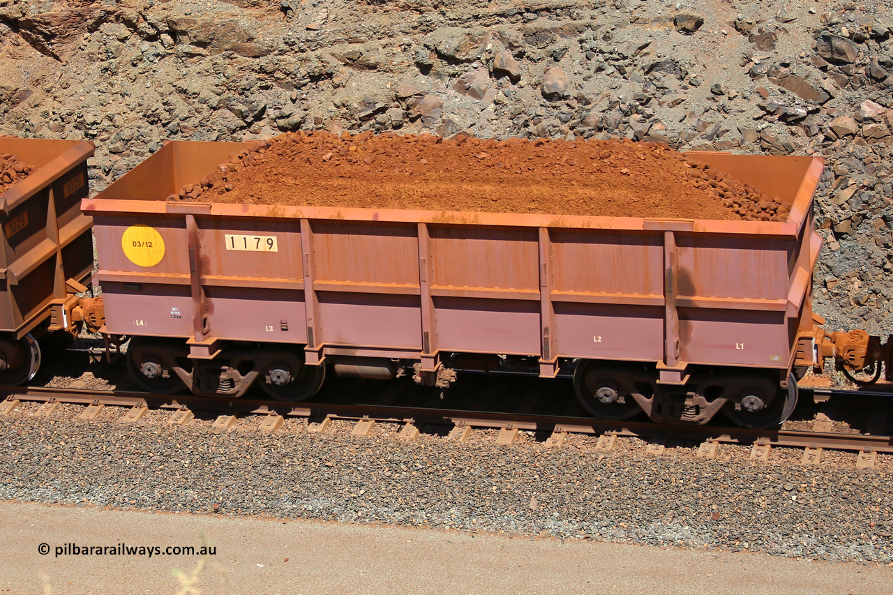 1179 160306 1642
Robe River ore waggon 1179, built by Bradken Rail Qld in March 2012, fixed coupler non-handbrake side loaded view, at the 45 km, Harding Siding on the Cape Lambert line. March 6, 2016.
Keywords: 1179;Bradken-Rail-Qld;Robe-ore-waggon;