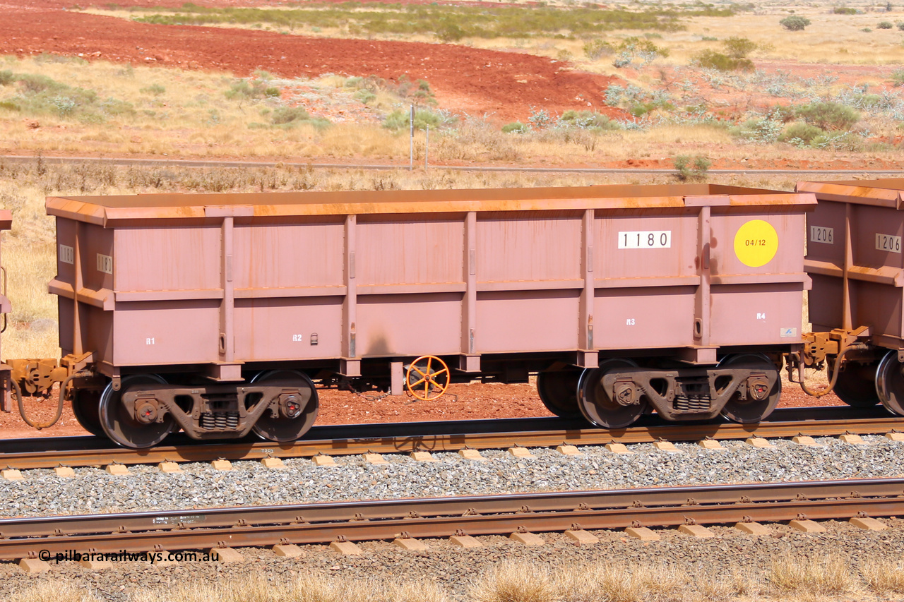 1180 141124 6870
Robe River ore waggon 1180, built by Bradken Rail Qld in April 2012, fixed coupler handbrake side empty view at the 25 km at Arches Siding on the Cape Lambert line. November 24, 2014.
Keywords: 1180;Bradken-Rail-Qld;Robe-ore-waggon;