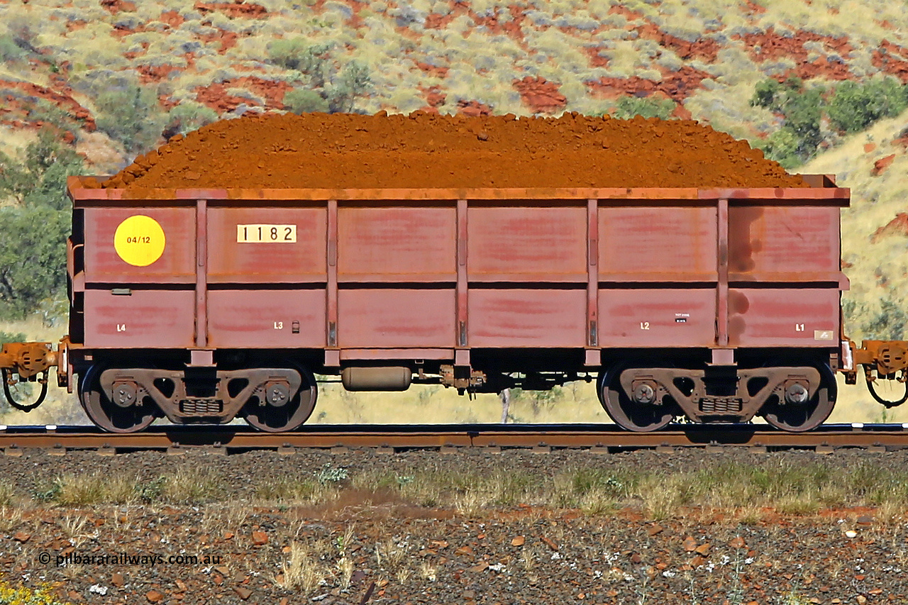 1182 170728 09917
Robe River ore waggon 1182, built by Bradken Rail Qld in April 2012, non-handbrake side loaded view at the 72 km, Western Creek on the Deepdale line. July 28, 2017.
Keywords: 1182;Bradken-Rail-Qld;Robe-ore-waggon;