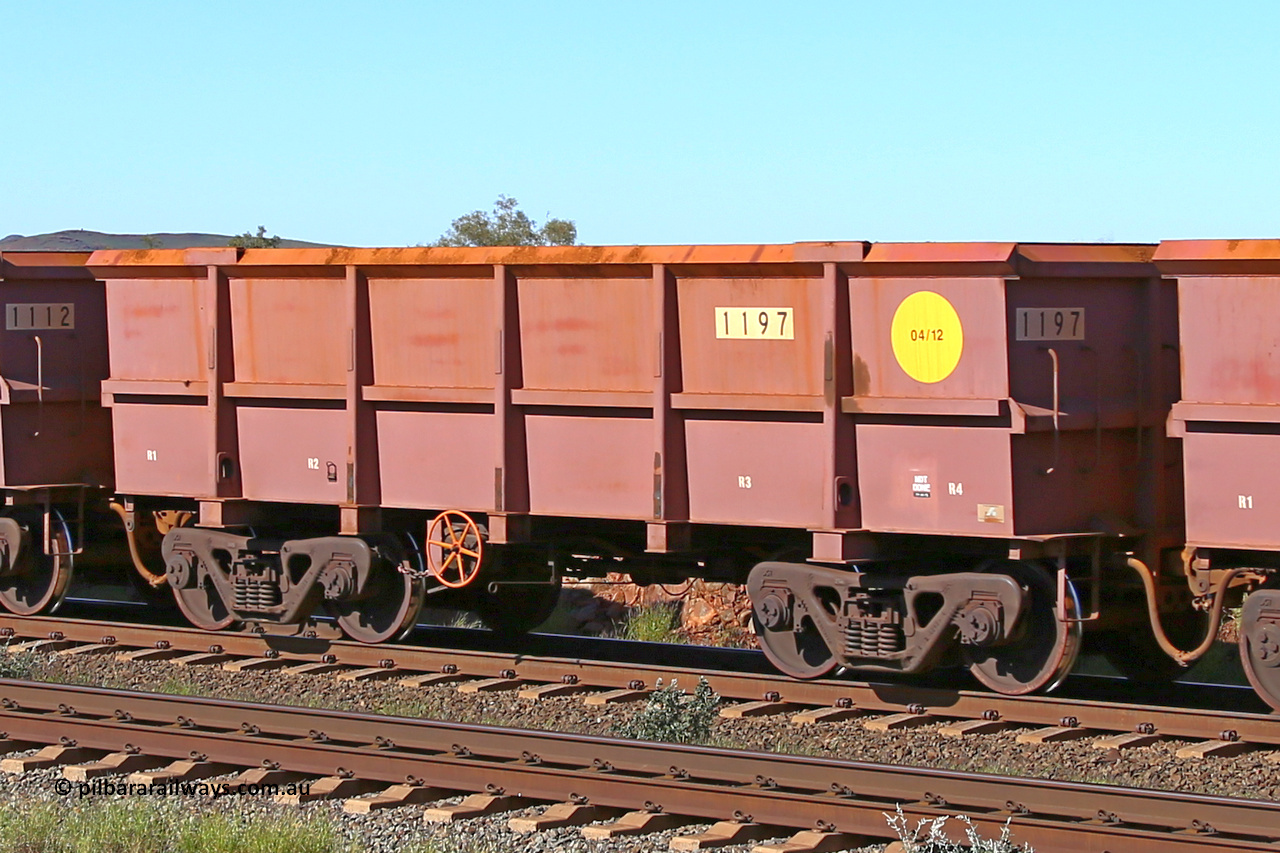 1197 160727 0963
Robe River ore waggon 1197, built by Bradken Rail Qld in April 2012, rotary coupler end handbrake side empty view at Harding Siding on the Cape Lambert line, July 27, 2016.
Keywords: 1197;Bradken-Rail-Qld;Robe-ore-waggon;