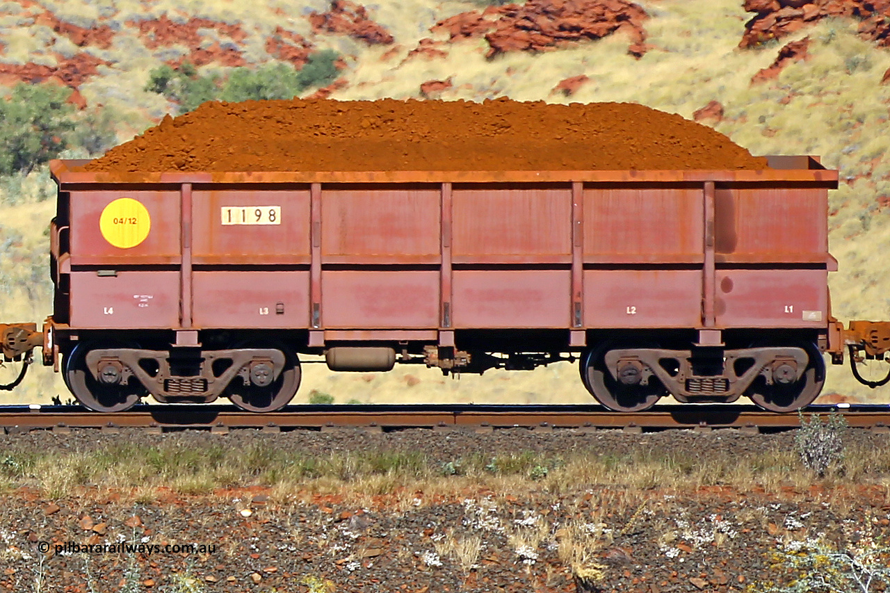 1198 170728 09921
Robe River ore waggon 1198, built by Bradken Rail Qld in April 2012, non-handbrake side loaded view at the 72 km, Western Creek on the Deepdale line. July 28, 2017.
Keywords: 1198;Bradken-Rail-Qld;Robe-ore-waggon;