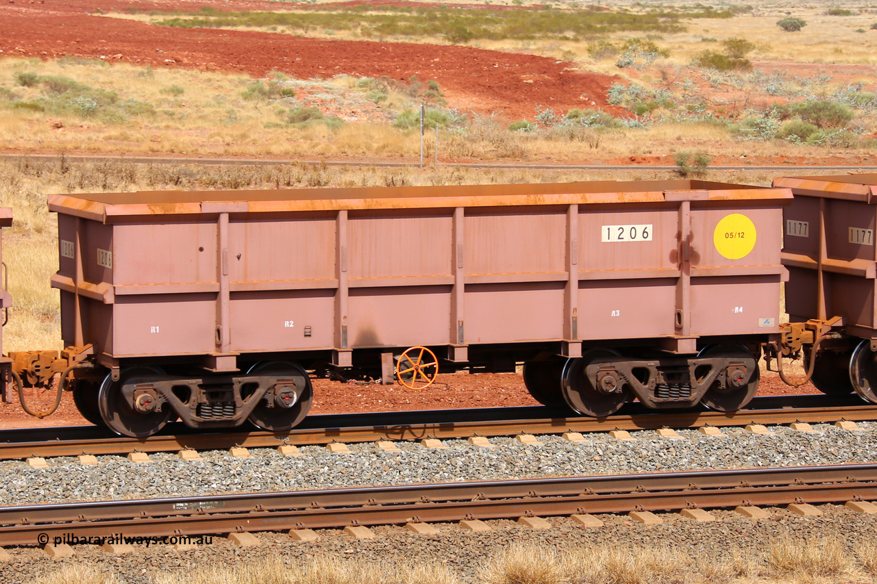 1206 141124 6871
Robe River ore waggon 1206, built by Bradken Rail Qld in May 2012, fixed coupler handbrake side empty view at the 25 km at Arches Siding on the Cape Lambert line. November 24, 2014.
Keywords: 1206;Bradken-Rail-Qld;Robe-ore-waggon;