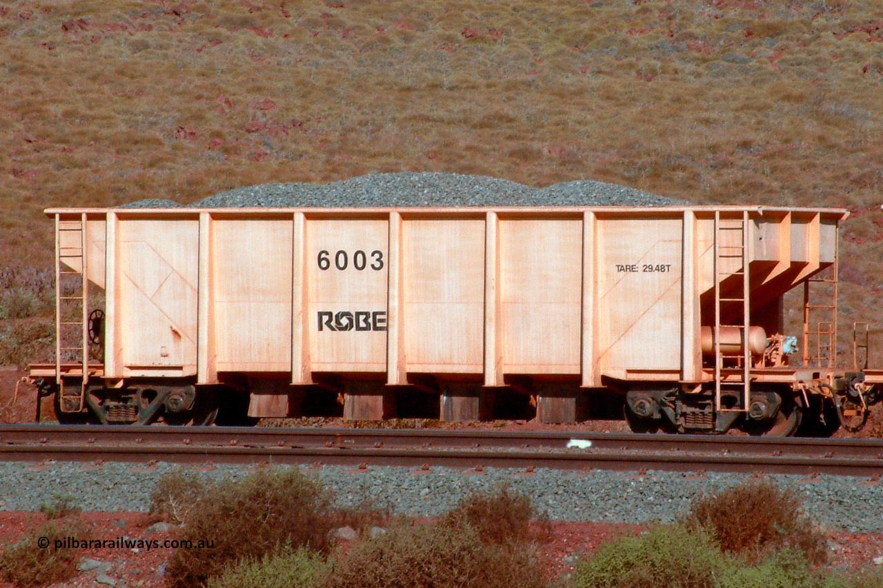 6003 041014 154954
Robe River ballast waggon 6003, built by Tomlinson Steel WA, Cape Lambert yard. 1549 hours, October 14, 2004.
Keywords: 6003;Tomlinson-Steel-WA;Robe-ballast-waggon;