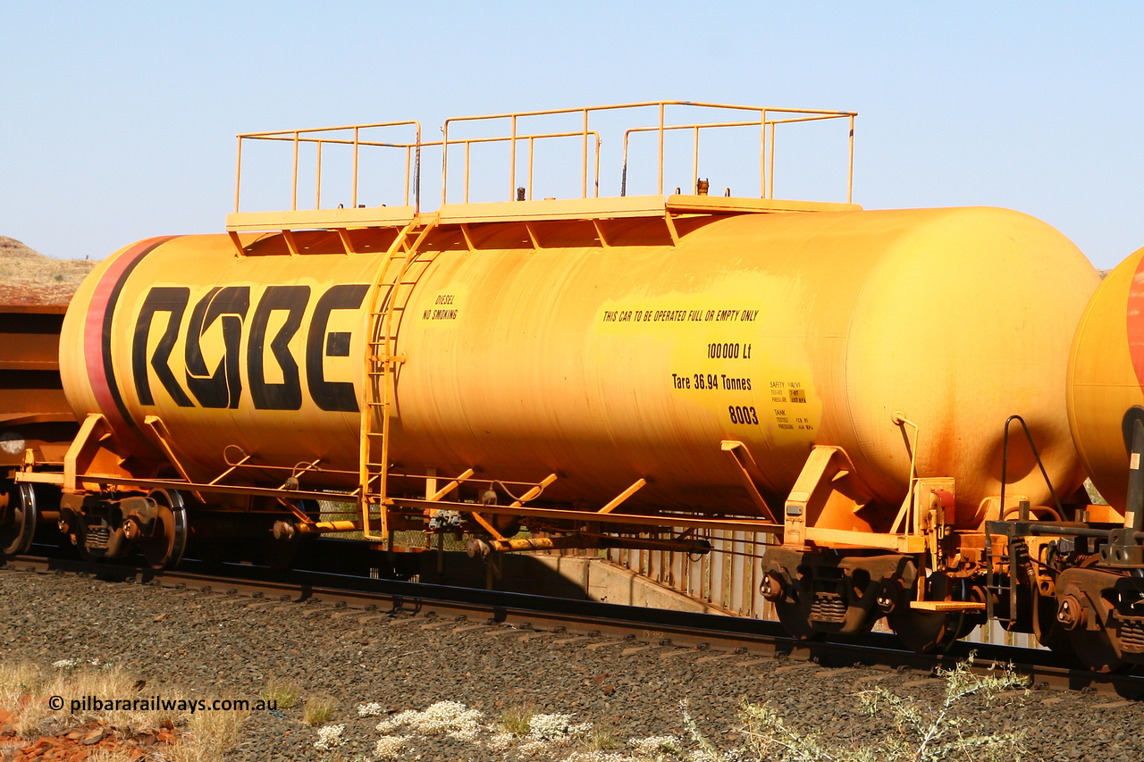 8003 070915 0883
Robe River diesel fuel tank waggon 8003 running loaded at the front of an empty ore train, built by Comeng NSW in March 1979 with a 100,000 litre capacity, at the 73.4 km on the Deepdale line, Western Creek, September 15, 2007.
Keywords: 8003;Comeng-NSW;Robe-tank-waggon;