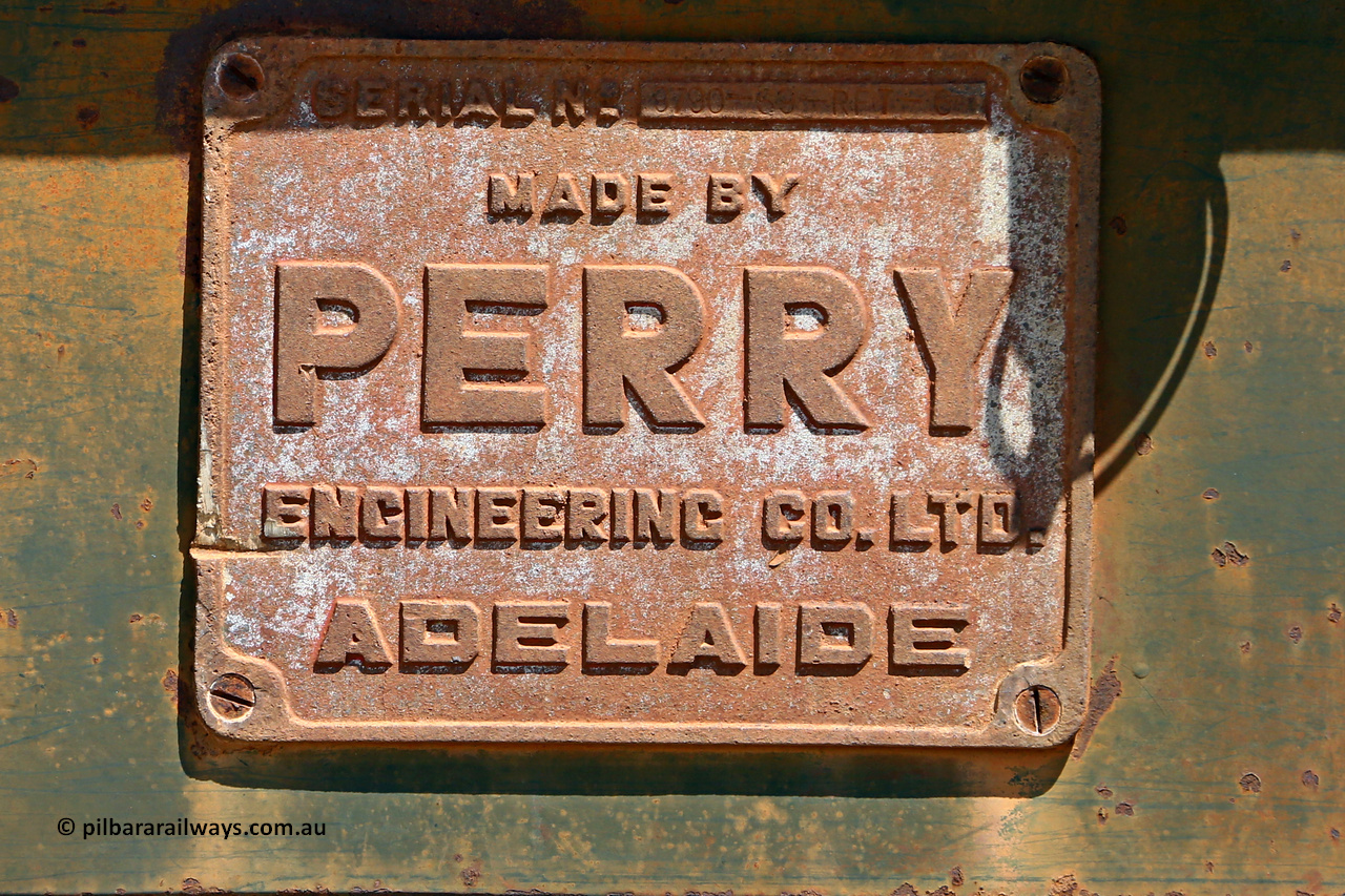 F12 160306 1377
Robe River flat waggon F 12 builders plate, built by Perry Engineering SA. Greenpool March 6, 2016.
Keywords: F12;Perry-Engineering-SA;Robe-flat-waggon;