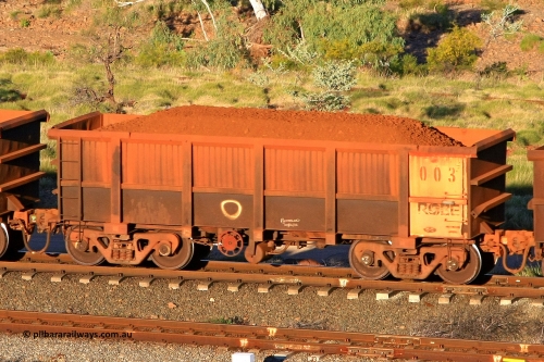 0003 110602 1629
Robe River ore waggon 003, built by Nippon Sharyo Nihon, rotary coupler end handbrake side loaded view at the 71 km, Western Creek on the Deepdale line. June 2, 2011.
Keywords: 003;Nippon-Sharyo-Nihon;Robe-ore-waggon;