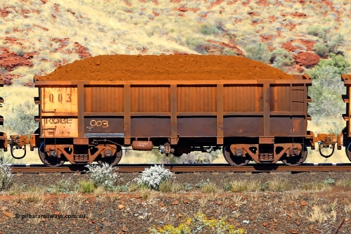 0003 170728 09952
Robe River ore waggon 003, built by Nippon Sharyo Nihon, non-handbrake side loaded view at the 72 km, Western Creek on the Deepdale line. July 28, 2017.
Keywords: 003;Nippon-Sharyo-Nihon;Robe-ore-waggon;