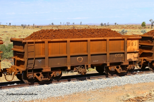 0003 170729 0200
Robe River ore waggon 003, built by Nippon Sharyo Nihon, fixed coupler handbrake side loaded view at the 103 km, between Maitland Siding and the Fortescue River on the Deepdale line. July 29, 2017.
Keywords: 003;Nippon-Sharyo-Nihon;Robe-ore-waggon;