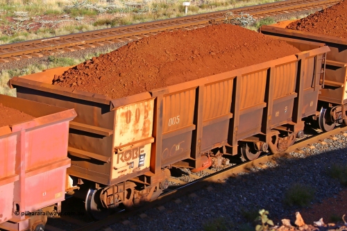 0005 210322 9765
Robe River ore waggon 005, built by Nippon Sharyo Nihon, rotary coupler end non-handbrake side loaded view at the 17 km on the Cape Lambert line, March 22, 2021.
Keywords: 005;Nippon-Sharyo-Nihon;Robe-ore-waggon;