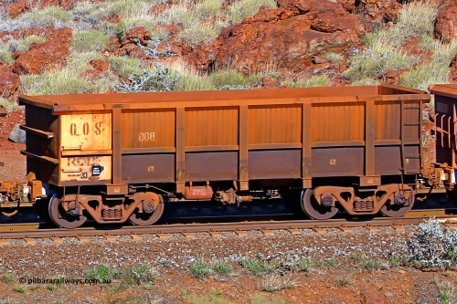 0008 180616 1701
Robe River ore waggon 008, built by Nippon Sharyo Nihon, rotary coupler end non-handbrake side loaded view at the 38 km, Harding on the Cape Lambert line, June 16, 2018.
Keywords: 008;Nippon-Sharyo-Nihon;Robe-ore-waggon;