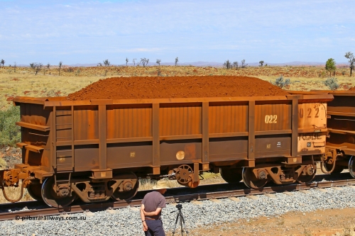 0022 170729 0266
Robe River ore waggon 022, built by Nippon Sharyo Nihon, fixed coupler handbrake side loaded view at the 103 km, between Maitland Siding and the Fortescue River on the Deepdale line. July 29, 2017.
Keywords: 022;Nippon-Sharyo-Nihon;Robe-ore-waggon;