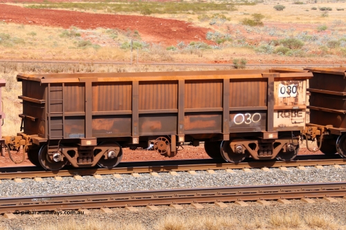 0030 141124 6864
Robe River ore waggon 030, built by Nippon Sharyo Nihon, fixed coupler handbrake side empty view at the 25 km at Arches Siding on the Cape Lambert line. November 24, 2014.
Keywords: 030;Nippon-Sharyo-Nihon;Robe-ore-waggon;