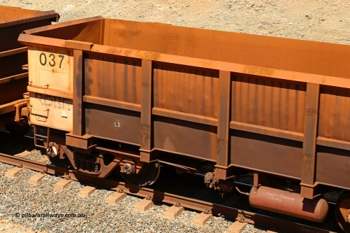 0037 160306 1276
Robe River ore waggon 037, built by Centurion Industries WA, rotary coupler non-handbrake side empty view with Centurion Industries waybill holder and no visible plate markings, suspected replacement built body, at Greenpool on the Cape Lambert line. March 6, 2016.
Keywords: 037;Centurion-Industries-WA;Robe-ore-waggon;