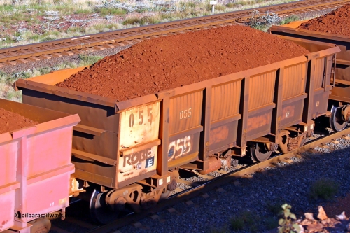 0055 210322 9746
Robe River ore waggon 055, built by Nippon Sharyo Nihon, rotary coupler end non-handbrake side loaded view at the 17 km on the Cape Lambert line, March 22, 2021.
Keywords: 055;Nippon-Sharyo-Nihon;Robe-ore-waggon;