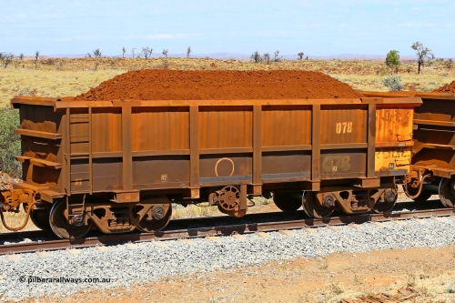 0078 170729 0232
Robe River ore waggon 078, built by Nippon Sharyo Nihon, fixed coupler handbrake side loaded view at the 103 km, between Maitland Siding and the Fortescue River on the Deepdale line. July 29, 2017.
Keywords: 078;Nippon-Sharyo-Nihon;Robe-ore-waggon;