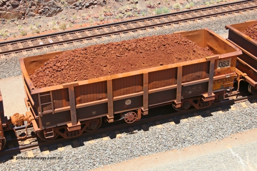 0083 160306 1490
Robe River ore waggon 083, built by Nippon Sharyo Nihon, fixed coupler non-handbrake side loaded view at the 45 km, Harding Siding on the Cape Lambert line. March 6, 2016.
Keywords: 083;Nippon-Sharyo-Nihon;Robe-ore-waggon;