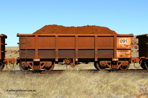0091 060722 7485
Robe River ore waggon 091, built by Nippon Sharyo Nihon, handbrake side loaded view at the 78.8 km between Western Creek and Maitland on the Deepdale line. July 22, 2006.
Keywords: 091;Nippon-Sharyo-Nihon;Robe-ore-waggon;