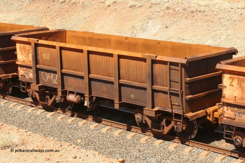 0092 160306 1286
Robe River ore waggon 092, built by Nippon Sharyo Nihon, fixed coupler non-handbrake side empty view at Greenpool on the Cape Lambert line. March 6, 2016.
Keywords: 092;Nippon-Sharyo-Nihon;Robe-ore-waggon;
