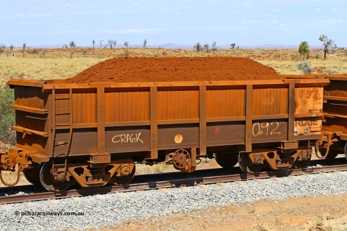 0092 170729 0218
Robe River ore waggon 092, built by Nippon Sharyo Nihon, fixed coupler handbrake side loaded view at the 103 km, between Maitland Siding and the Fortescue River on the Deepdale line. July 29, 2017.
Keywords: 092;Nippon-Sharyo-Nihon;Robe-ore-waggon;