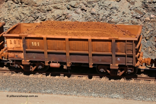 0101 160306 1646
Robe River ore waggon 101, built by Nippon Sharyo Nihon, fixed coupler non-handbrake side loaded view at the 45 km, Harding Siding on the Cape Lambert line. March 6, 2016.
Keywords: 101;Nippon-Sharyo-Nihon;Robe-ore-waggon;
