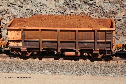 0102 160306 1534
Robe River ore waggon 102, side looks to have been repaired by Centurion Industries WA, note waybill holder and no plate indication, fixed coupler non-handbrake side loaded view at the 45 km, Harding Siding on the Cape Lambert line. March 6, 2016.
Keywords: 102;Nippon-Sharyo-Nihon;Robe-ore-waggon;