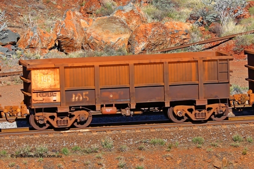 0105 180616 1716
Robe River ore waggon 105, built by Nippon Sharyo Nihon, rotary coupler end non-handbrake side empty view at the 38 km, Harding on the Cape Lambert line, June 16, 2018.
Keywords: 105;Nippon-Sharyo-Nihon;Robe-ore-waggon;