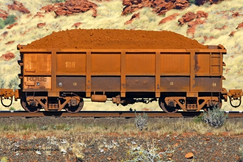 0106 170728 09942
Robe River ore waggon 106, built by Nippon Sharyo Nihon, non-handbrake side loaded view at the 72 km, Western Creek on the Deepdale line. July 28, 2017.
Keywords: 106;Nippon-Sharyo-Nihon;Robe-ore-waggon;