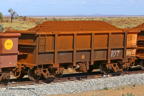 0107 170729 0222
Robe River ore waggon 107, built by Nippon Sharyo Nihon, fixed coupler handbrake side loaded view at the 103 km, between Maitland Siding and the Fortescue River on the Deepdale line. July 29, 2017.
Keywords: 107;Nippon-Sharyo-Nihon;Robe-ore-waggon;