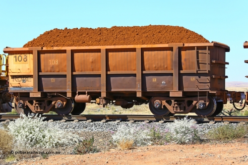 0108 170728 09793
Robe River ore waggon 108, built by Nippon Sharyo Nihon, non-handbrake side loaded view at the 72 km, Western Creek on the Deepdale line. July 28, 2017.
Keywords: 108;Nippon-Sharyo-Nihon;Robe-ore-waggon;