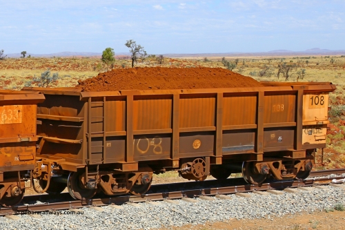 0108 170729 0278
Robe River ore waggon 108, built by Nippon Sharyo Nihon, fixed coupler handbrake side loaded view at the 103 km, between Maitland Siding and the Fortescue River on the Deepdale line. July 29, 2017.
Keywords: 108;Nippon-Sharyo-Nihon;Robe-ore-waggon;