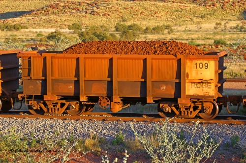 0109 170513 8670
Robe River ore waggon 109, built by Nippon Sharyo Nihon, rotary coupler end handbrake side loaded view, Cape Lambert yard, May 13, 2017.
Keywords: 109;Nippon-Sharyo-Nihon;Robe-ore-waggon;