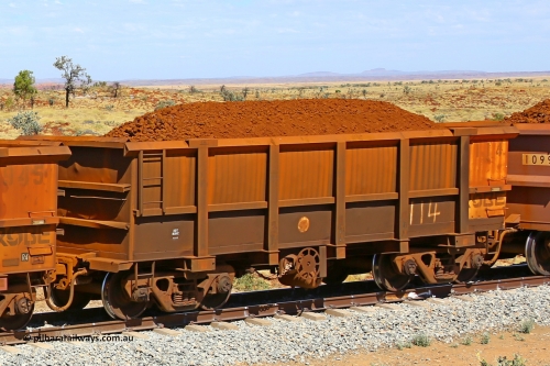 0114 170729 0260
Robe River ore waggon 114, built by Nippon Sharyo Nihon, fixed coupler handbrake side loaded view at the 103 km, between Maitland Siding and the Fortescue River on the Deepdale line. July 29, 2017.
Keywords: 114;Nippon-Sharyo-Nihon;Robe-ore-waggon;