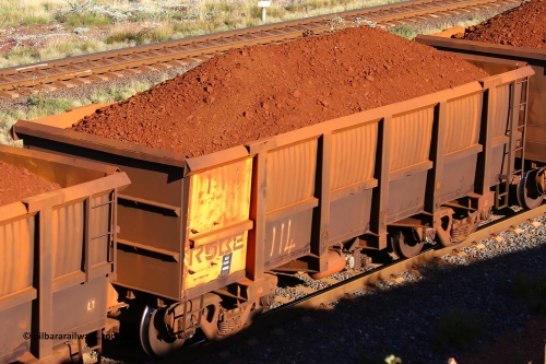 0114 210322 9742
Robe River ore waggon 114, built by Nippon Sharyo Nihon, rotary coupler end non-handbrake side loaded view at the 17 km on the Cape Lambert line, March 22, 2021.
Keywords: 114;Nippon-Sharyo-Nihon;Robe-ore-waggon;