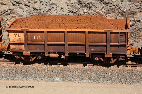 0116 160306 1543
Robe River ore waggon 116, built by Nippon Sharyo Nihon, fixed coupler non-handbrake side loaded view at the 45 km, Harding Siding on the Cape Lambert line. March 6, 2016.
Keywords: 116;Nippon-Sharyo-Nihon;Robe-ore-waggon;