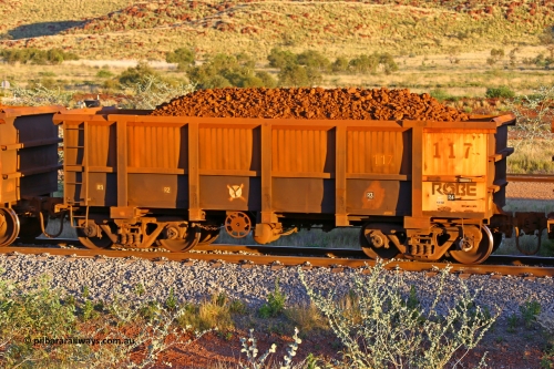 0117 170513 8688
Robe River ore waggon 117, built by Nippon Sharyo Nihon, handbrake side loaded view, Cape Lambert yard, May 13, 2017.
Keywords: 117;Nippon-Sharyo-Nihon;Robe-ore-waggon;