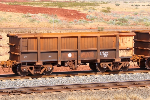 0118 141124 6837
Robe River ore waggon 118, built by Nippon Sharyo Nihon, fixed coupler handbrake side empty view at the 25 km at Arches Siding on the Cape Lambert line. November 24, 2014.
Keywords: 118;Nippon-Sharyo-Nihon;Robe-ore-waggon;