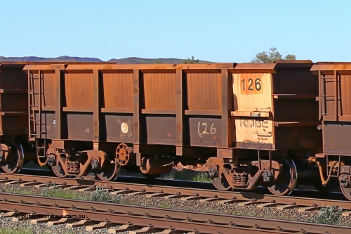 0126 160727 0971
Robe River ore waggon 126, built by Nippon Sharyo Nihon, rotary coupler end handbrake side empty view at Harding Siding on the Cape Lambert line, July 27, 2016.
Keywords: 126;Nippon-Sharyo-Nihon;Robe-ore-waggon;