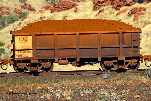 0126 170728 09934
Robe River ore waggon 126, built by Nippon Sharyo Nihon, non-handbrake side loaded view at the 72 km, Western Creek on the Deepdale line. July 28, 2017.
Keywords: 126;Nippon-Sharyo-Nihon;Robe-ore-waggon;