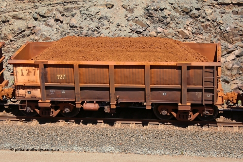 0127 160306 1557
Robe River ore waggon 127, built by Nippon Sharyo Nihon, fixed coupler non-handbrake side loaded view at the 45 km, Harding Siding on the Cape Lambert line. March 6, 2016.
Keywords: 127;Nippon-Sharyo-Nihon;Robe-ore-waggon;