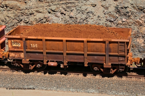0156 160306 1601
Robe River ore waggon 156, built by Nippon Sharyo Nihon, fixed coupler non-handbrake side loaded view at the 45 km, Harding Siding on the Cape Lambert line. March 6, 2016.
Keywords: 156;Nippon-Sharyo-Nihon;Robe-ore-waggon;