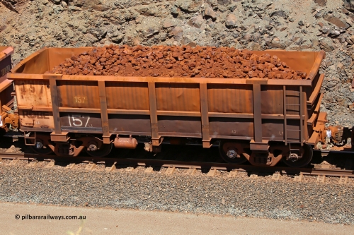 0157 160306 1672
Robe River ore waggon 157, built by Nippon Sharyo Nihon, fixed coupler non-handbrake side loaded view at the 45 km, Harding Siding on the Cape Lambert line. March 6, 2016.
Keywords: 157;Nippon-Sharyo-Nihon;Robe-ore-waggon;