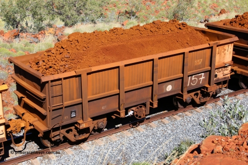 0157 180616 1867
Robe River ore waggon 157, built by Nippon Sharyo Nihon, fixed coupler handbrake side loaded view at Maitland Siding on the Deepdale line, June 16, 2018.
Keywords: 157;Nippon-Sharyo-Nihon;Robe-ore-waggon;